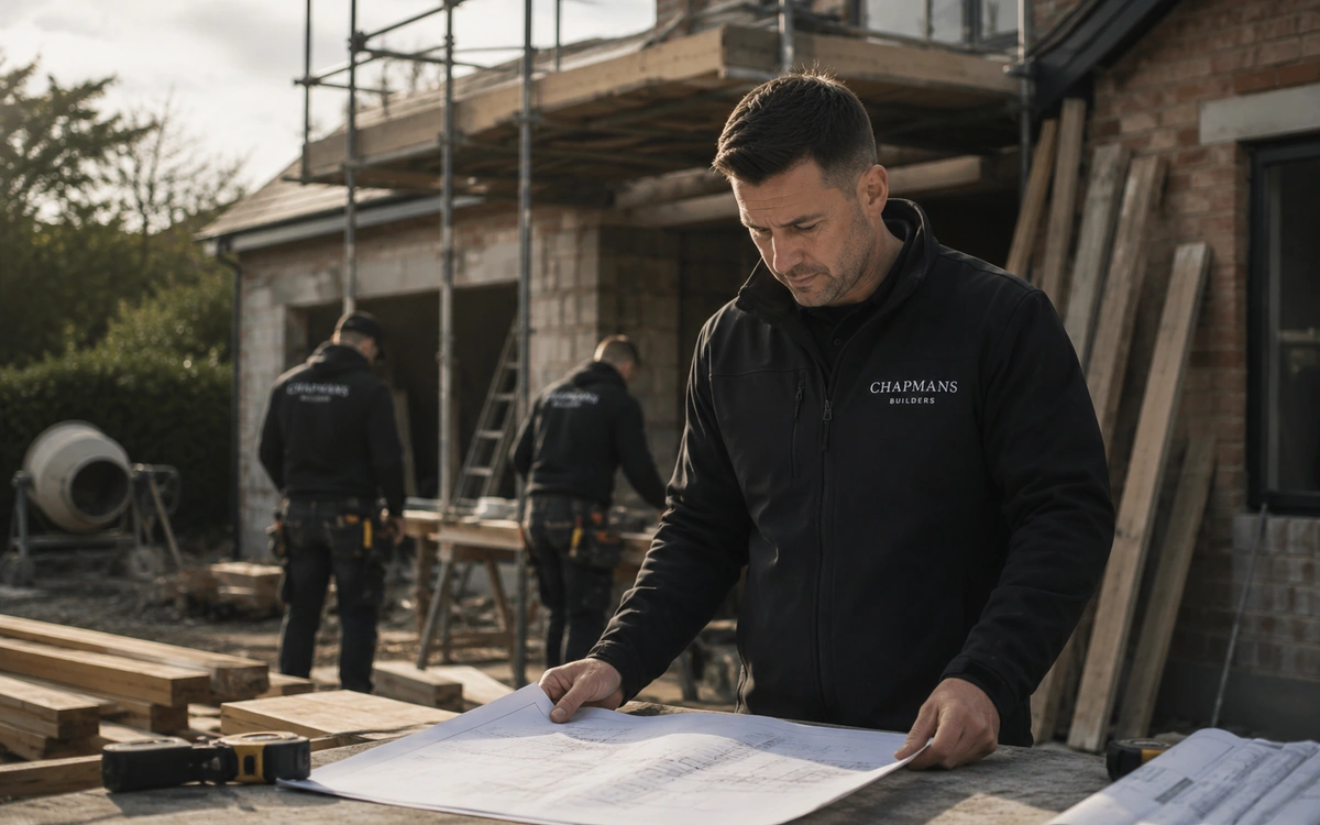 Dean Chapman reviewing building plans on a residential construction site in Hampshire