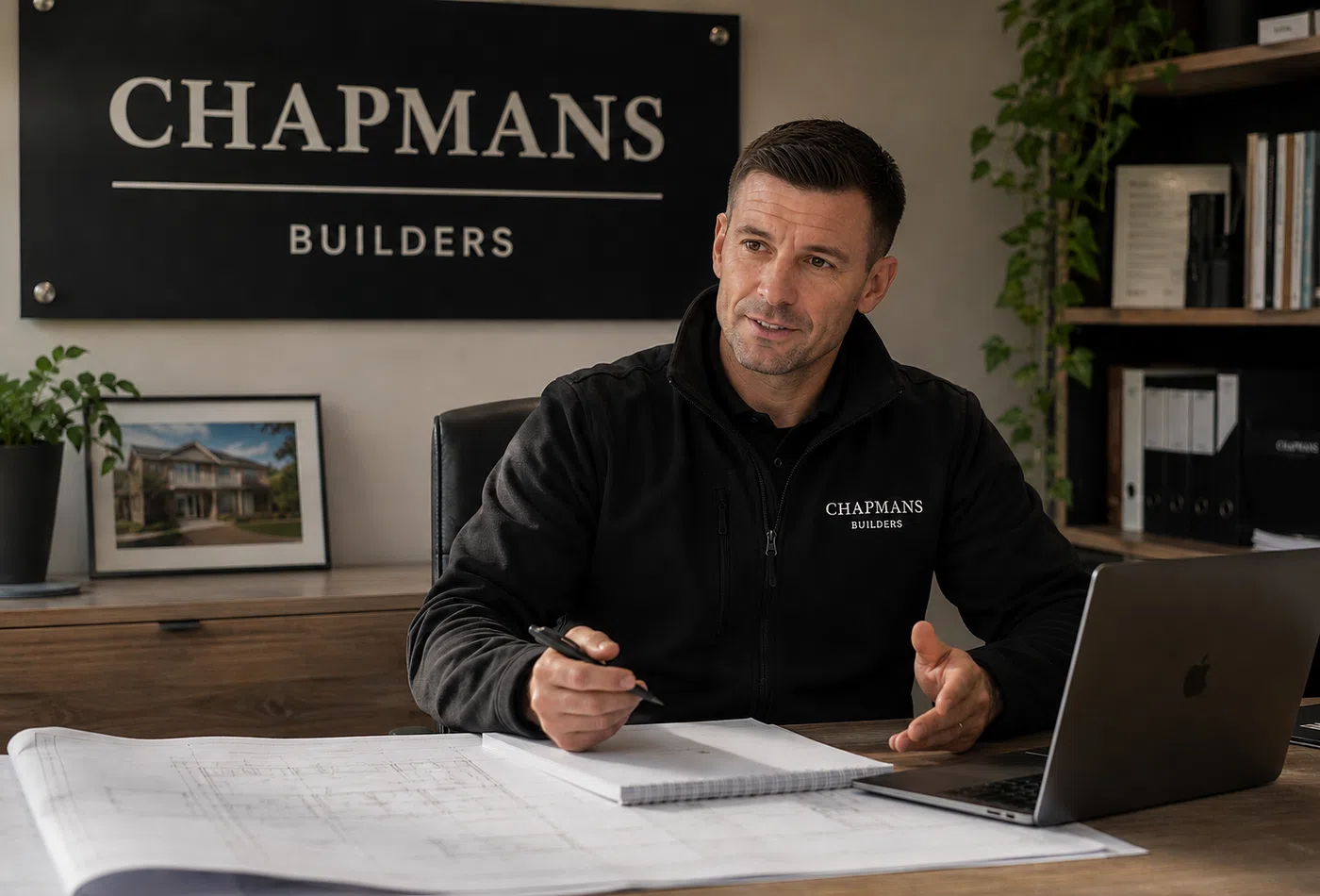 Dean Chapman reviewing construction plans on site in Hampshire