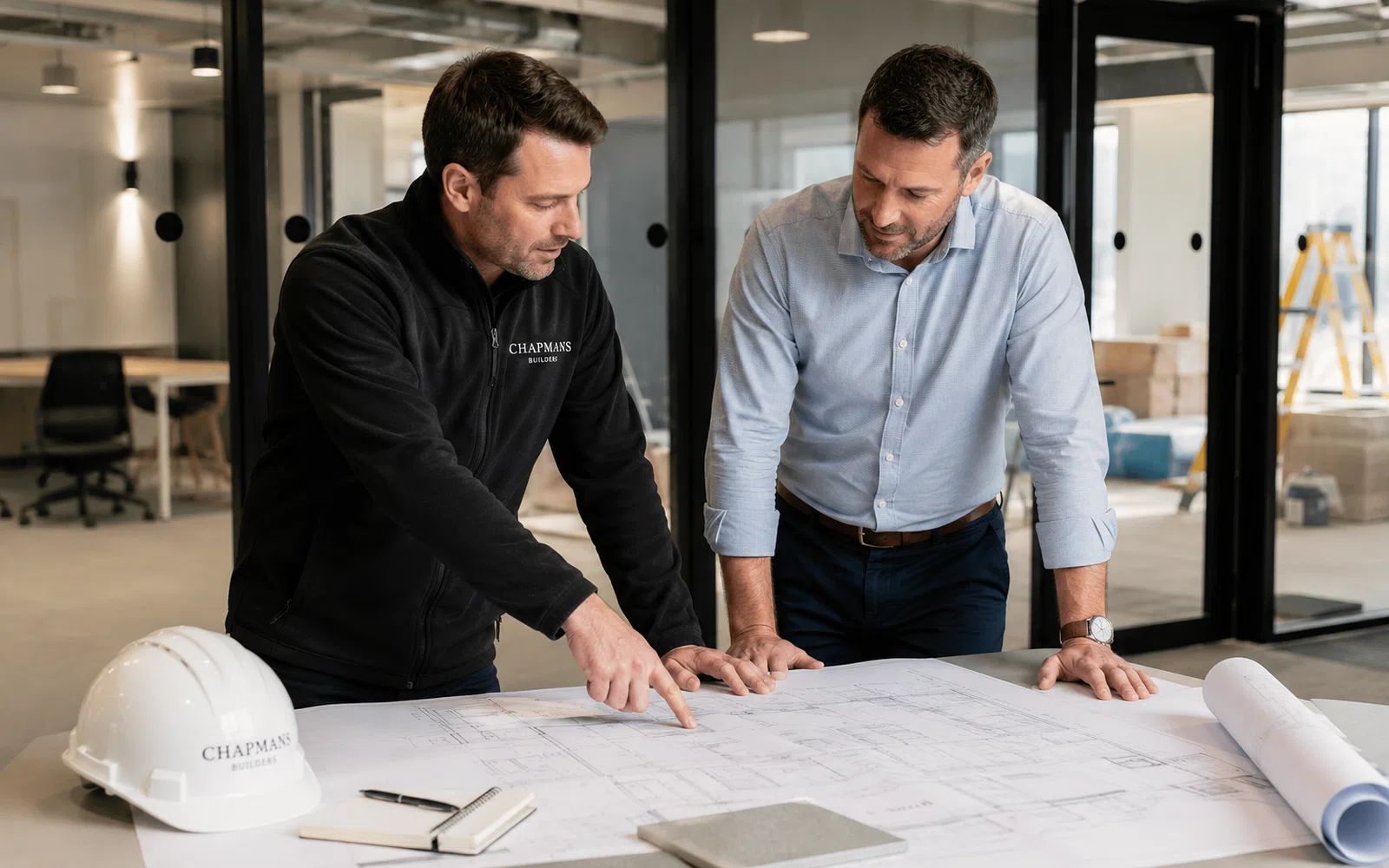 Chapmans Builders commercial construction team reviewing plans for an office fit out project in Hampshire
