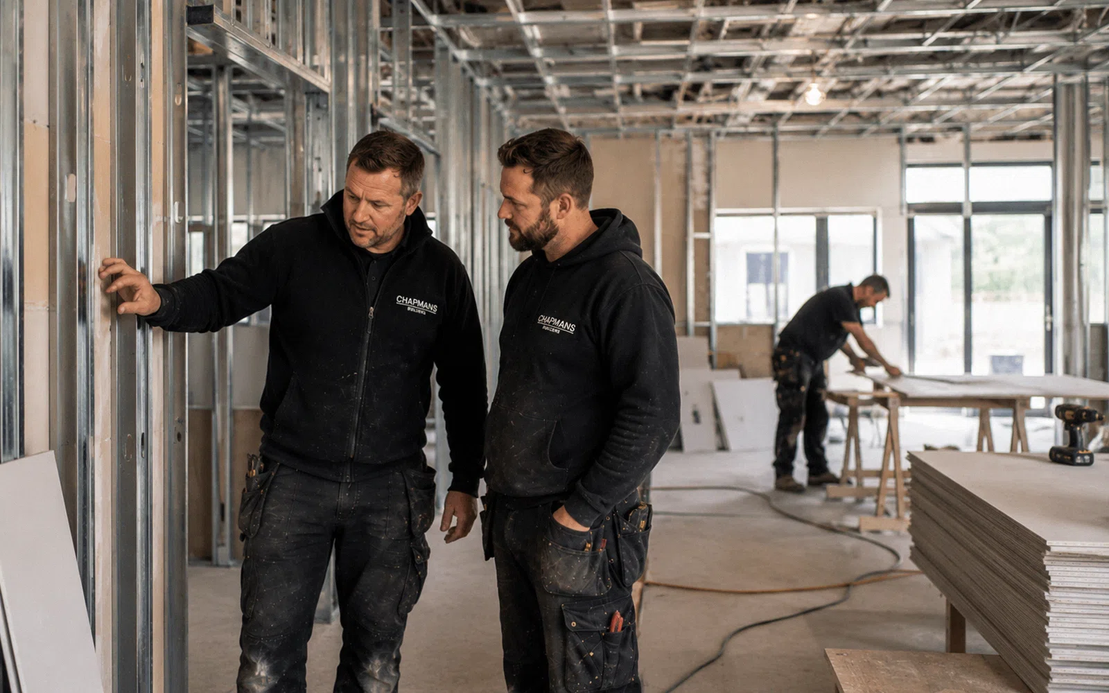 Chapmans Builders team discussing a commercial construction project inside a Hampshire commercial property refurbishment