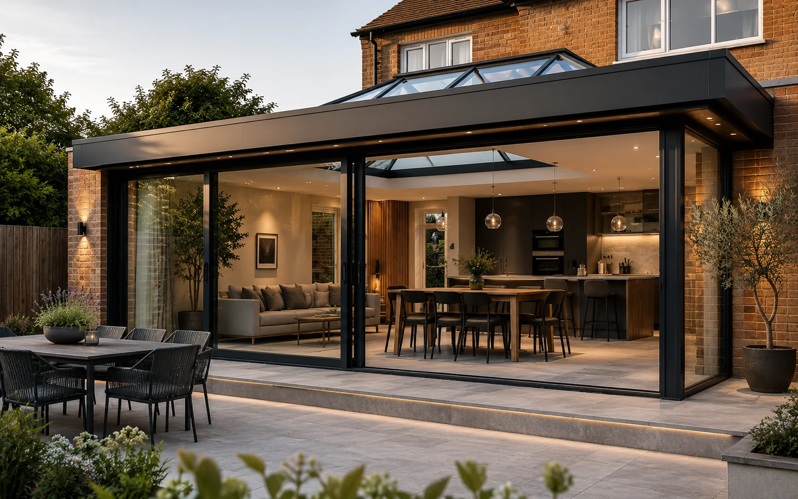 Contemporary rear extension project completed by Chapmans Builders in Romsey with aluminium glazing and roof lantern